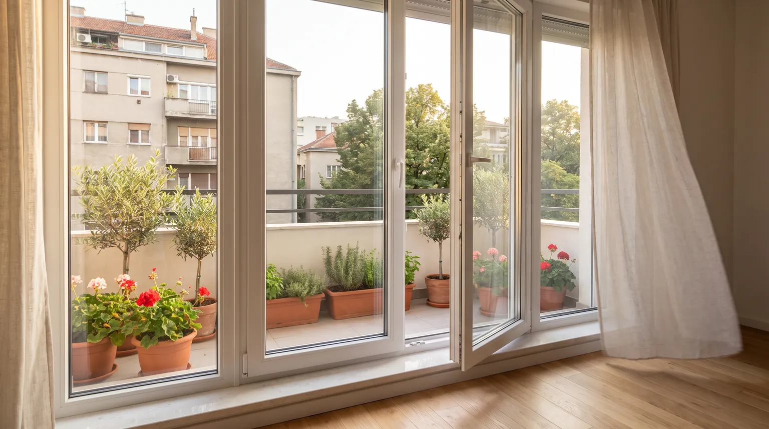 Bela PVC balkonska vrata sa otvorenim krilom, pogled iz dnevne sobe na balkon sa saksijama cveća (AI ilustracija)
